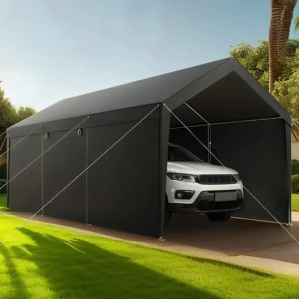 Skure, Garager & Carports^Carport Overdækning 3,5x6,5 m, Kraftig Overdækning, med Sidevægge i Hvid Farve