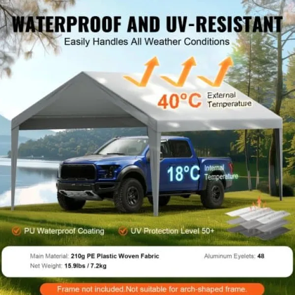 Carport udskiftningsoverdækning, 610x364x95 cm, grå, vandtæt Telte & Lysthuse