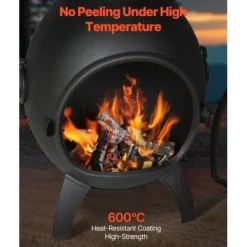 Hot Chiminea, Kugleformet udendørs brændefyret ildsted, 43x42x112 cm, Sort Pejse