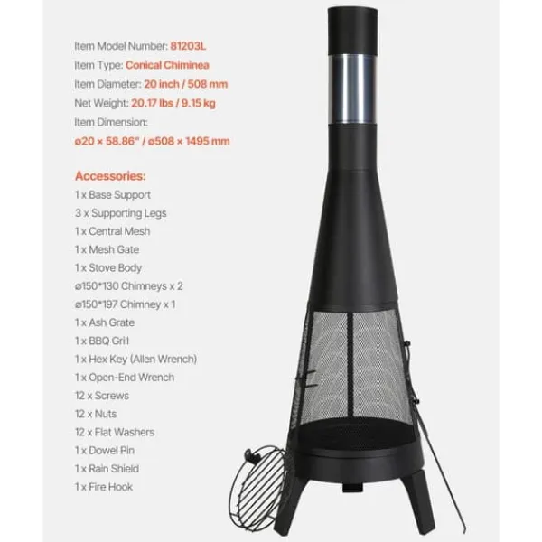 Pejse^Chiminea Udendørs Brændeovn, 20 Tommer, Med Grillnet og Skorstensbelægning