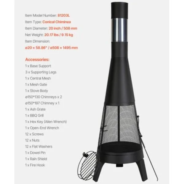 Clearance Chiminea, 50,8x149,5 cm, Sort, Udendørs brændefyret pejs Pejse