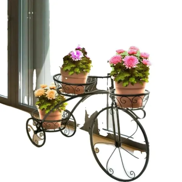 Plantestativer^Cykel Plante Stativ, 3-etagers Design, Smedejern Materiale, Sort