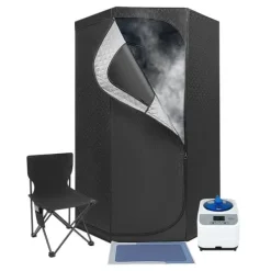 Sauna^Dampsauna til Hjemmet - Bærbart Femkantet Telt Sæt - 1350 W Dampgenerator - Sammenklappelig Stol - Digital Styring - 9 Varmeniveauer