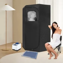 Sauna^Dampsauna til Hjemmet - Bærbart Femkantet Telt Sæt - 1350 W Dampgenerator - Sammenklappelig Stol - Digital Styring - 9 Varmeniveauer