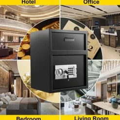 Pengeskabe^Digital opbevaringsskab med elektronisk kodelås, to nødnøgler, og robust kulstofstål. Ideel til hjemmet, hotel og kontor.