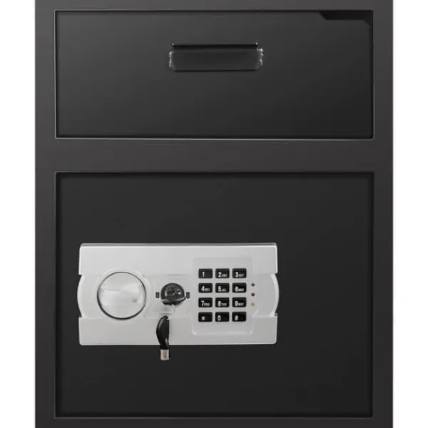 Pengeskabe^Digital opbevaringsskab med elektronisk kodelås, to nødnøgler, og robust kulstofstål. Ideel til hjemmet, hotel og kontor.