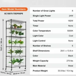 Plantestativer^DIY Plantestativ med Vokse-lamper, 6 Etagers, 192W, 70,9” Høj, Justerbar Plant Grow Hylde til Indendørs Planter.