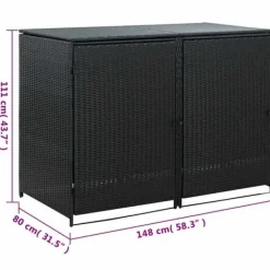 Skure, Garager & Carports^Dobbelt skraldespandsskjuler i polyrattan | Farve: Sort | Størrelse: 148x80x111 cm