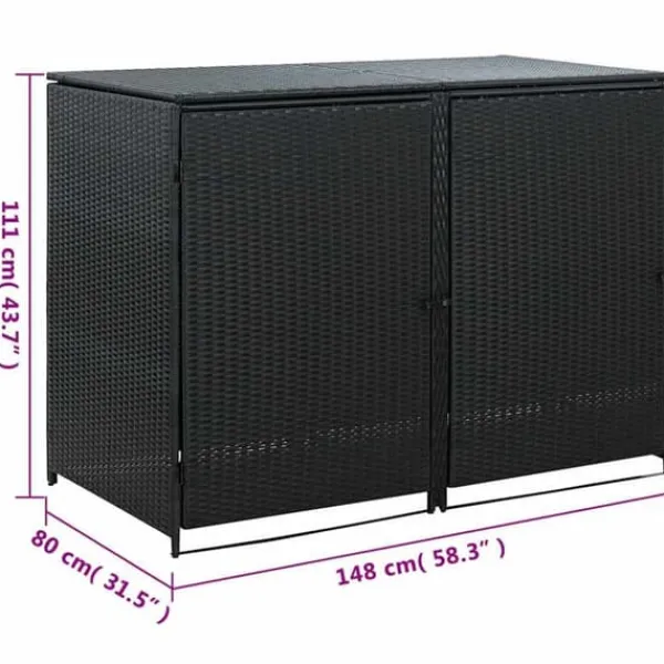 Skure, Garager & Carports^Dobbelt skraldespandsskjuler i polyrattan | Farve: Sort | Størrelse: 148x80x111 cm