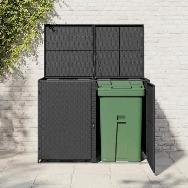 Skure, Garager & Carports^Dobbelt skraldespandsskjuler i polyrattan | Farve: Sort | Størrelse: 148x80x111 cm