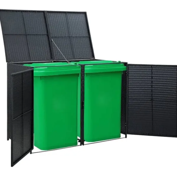 Skure, Garager & Carports^Dobbelt skraldespandsskjuler i polyrattan | Farve: Sort | Størrelse: 148x80x111 cm