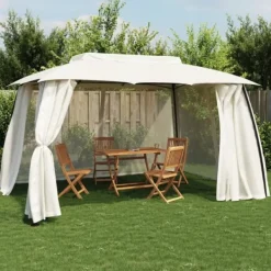 Telte & Lysthuse^Dobbelt tag pavillon 3,93x2,93 m med meshvægge | Farve: Creme | Stål рамme