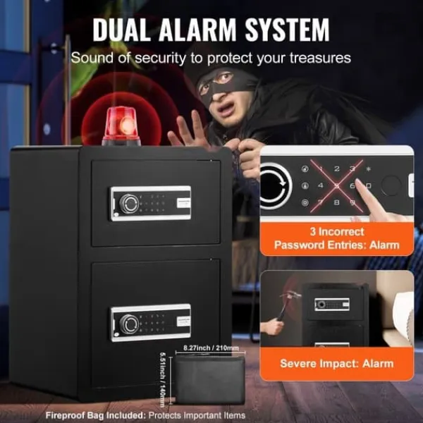 Sale Dobbeltdør pengeskab 3,5 ku.ft med nøglelås og adgangskode, brandsikkert design, sort finish Pengeskabe
