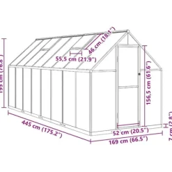 Drivhus^Drivhus med aluminiumfundamentramme - Vejrbestandig | Størrelse: 445x169x195 cm | Farve: Sølv