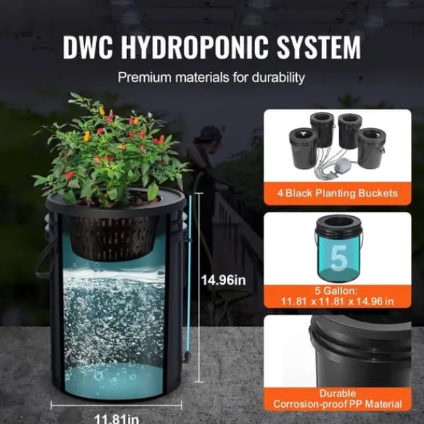 Kit Til Plante- & Urtedyrkning^DWC Hydroponics Vækstsystem, Dybvandskultur med Top Drip, 4 Spande, Effektiv Vækst, Hydroponisk Havearbejde