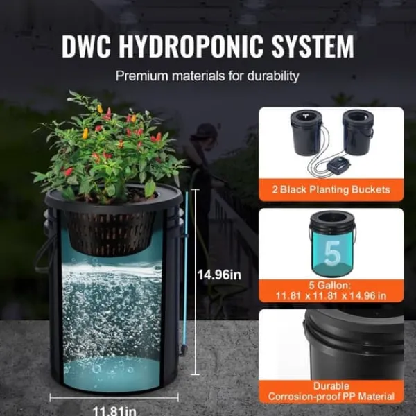 Kit Til Plante- & Urtedyrkning^DWC Hydroponics Vækstsysten, Dybvandskultur med Top Drip, 2 Spande, Effektiv Vanding, Robust Design