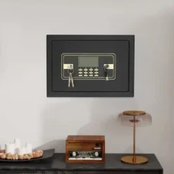 Pengeskabe^Elektronisk pengeskab - 22 L sikkerhedsboks - Alarm - Dobbeltlås - Vægmontering/fritstående - LED-display - Aftagelig hylde - Sort