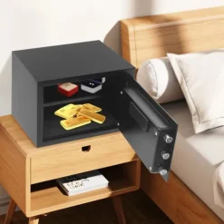 Pengeskabe^Elektronisk pengeskab - 22 L sikkerhedsboks - Alarm - Dobbeltlås - Vægmontering/fritstående - LED-display - Aftagelig hylde - Sort