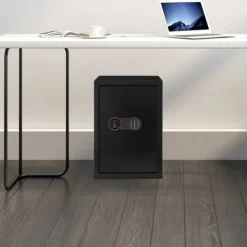 Pengeskabe^Elektronisk pengeskab - Sikkerhedsskab - Kode + nøgle - 2 hylder - Stål med rustbeskyttelse - Vægmonteret eller fritstående - Sort