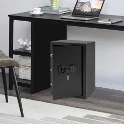 Pengeskabe^Elektronisk pengeskab - Sikkerhedsskab - Kode + nøgle - 2 hylder - Stål med rustbeskyttelse - Vægmonteret eller fritstående - Sort