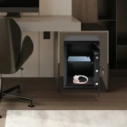 Pengeskabe^Elektronisk pengeskab - Sikkerhedsskab - Kode + nøgle - 2 hylder - Stål med rustbeskyttelse - Vægmonteret eller fritstående - Sort