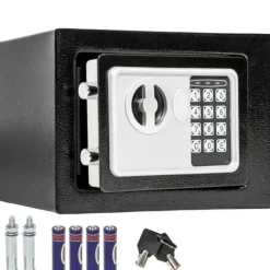 Pengeskabe^Elektronisk pengeskab 17x23x17cm + nøgle + 4 batterier - sort