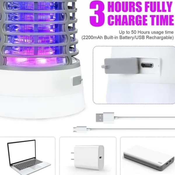 Insektmiddel & Dyreafvisende Middel^Elfeland 500-1000V Power Grid LED Elektrisk Mosquito Killer Light med UV-lys Myggefælde Udendørs IP65 Vandtæt USB Genopladelig (Grå / sort)