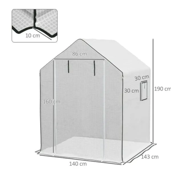 Drivhus^Erstatningsfolie PE 140x143x190 cm, UV-beskyttelse, rulleport & sidevinduer – til drivhus/tomathus, hvid