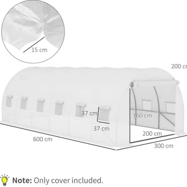 Drivhus^Erstatningsfolie 600x300x200 cm, frontdør & 12 vinduer, rivestærk UV-PE – drivhustunnel, hvid