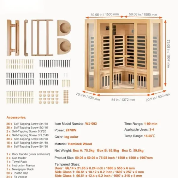 Sauna^Far Infrarød Træ Sauna, Hjem Sauna Spa til 3-4 personer, 2470W, Effektiv opvarmning, Sundhedsfordele, Komfortabel oplevelse.