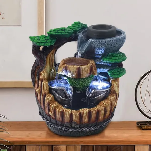 Hot Feng Shui Bordfontæne - Indendørs Vandfald - Rislende Vand - 2 LED-lys - Resin - Moderne Stil - Fritstående - Til Kontor og Hjem Springvand & Damme