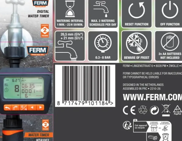 Vanding^FERM WTA1003 - Digital - Vandur- Interval: 1 min til 24 timer - 3 programmer pr. dag - Ugeprogram - Passer til vandhane: 26,5mm - 21 mm - Arbejder ved | CDON