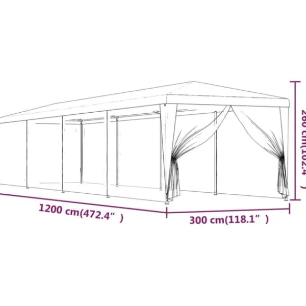 Telte & Lysthuse^Festtelt med 10 sidevægge i trådnet - Vandafvisende HDPE | Størrelse: 3x12 m | Farve: Grøn