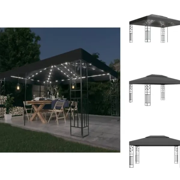 Telte & Lysthuse^Festtelte & havepavilloner - Living pavillon med dobbelt tag og LED-lyskæder 3x4 m antracitgrå
