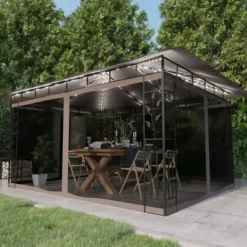 New Festtelte & havepavilloner - Living pavillon med myggenet + LED-lyskæder 4x3x2,73 m gråbrun Telte & Lysthuse