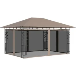 New Festtelte & havepavilloner - Living pavillon med myggenet + LED-lyskæder 4x3x2,73 m gråbrun Telte & Lysthuse