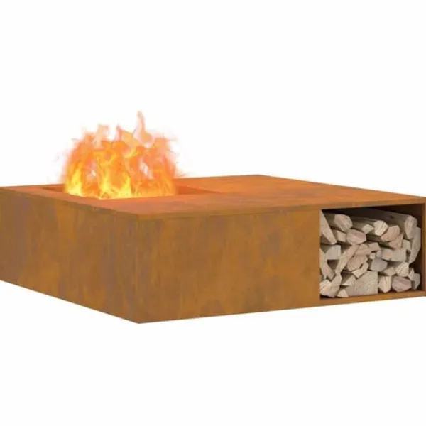 Pejse^Firkantet bålsted i forvitret stål - Udendørs varme og hygge | Størrelse: 100x100x30 cm