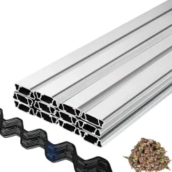 Drivhus^Fjedertråd og låsekanal, 6,56 fod fjederlås & U-kanel til drivhus. 50 pakker PE-belagt fjedertråd og aluminiumsender. Polyfilm og skyggeudstyr.