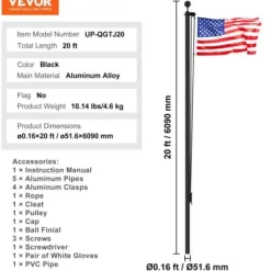 Discount Flagstangssæt, 609 cm, Sort, Aluminiumlegering Flag & Vindposer