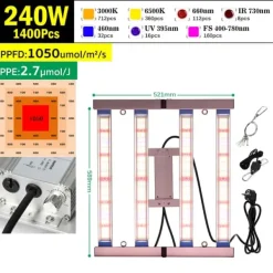 Krukkeplanter Indendørs^Foldbar Full Spectrum LED Vækstlys, Dæmpbar, Høj PPFD,240W
