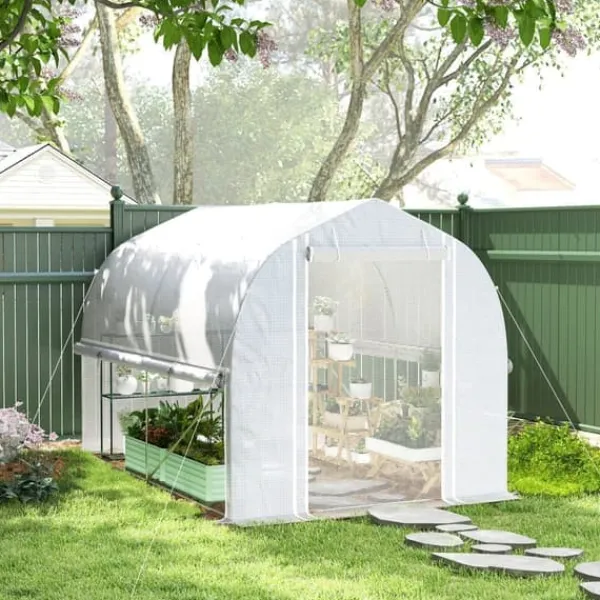 Online Folietunnel 3x2x2 m med dør & 4 vinduer, opklappelige sider, galvaniseret stål, UV-bestandig, hvid Drivhus