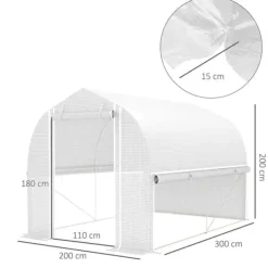 Online Folietunnel 3x2x2 m med dør & 4 vinduer, opklappelige sider, galvaniseret stål, UV-bestandig, hvid Drivhus