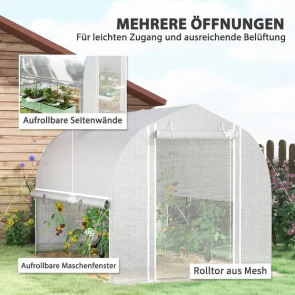 Online Folietunnel 3x2x2 m med dør & 4 vinduer, opklappelige sider, galvaniseret stål, UV-bestandig, hvid Drivhus