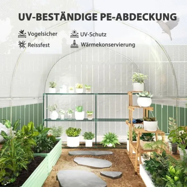 Online Folietunnel 3x2x2 m med dør & 4 vinduer, opklappelige sider, galvaniseret stål, UV-bestandig, hvid Drivhus