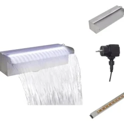 Springvand & Damme^Fontæner - Living rektangulær vandfaldsfontæne med LED-lys rustfrit stål 30 cm