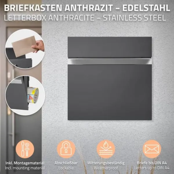 Ecd-Germany Postkasser & Brevindkast^Fritstående brevkasse med avisrum 37 cm antracit inkl. stativ 120 cm højt Fritstående brevkasse sølv