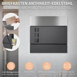 New Fritstående brevkasse med avisrum 37 cm antracit inkl. stativ 120 cm højt Fritstående brevkasse sølv Postkasser & Brevindkast