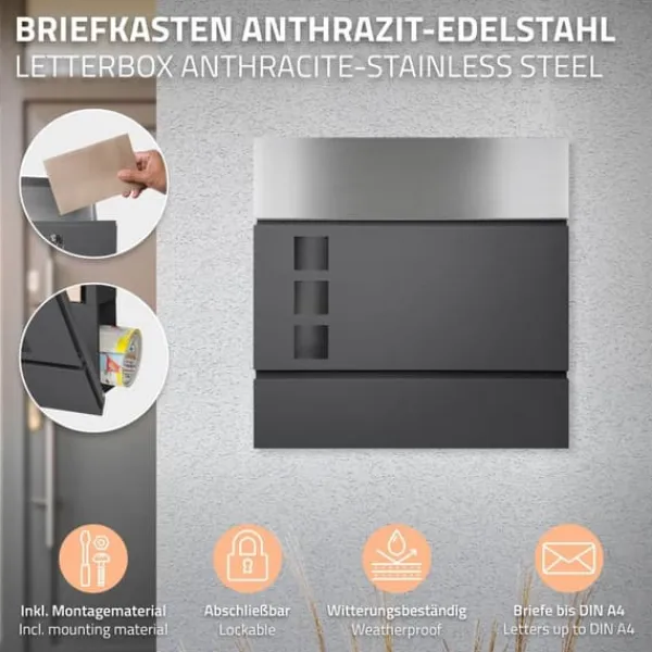 New Fritstående brevkasse med avisrum 37 cm antracit inkl. stativ 120 cm højt Fritstående brevkasse sølv Postkasser & Brevindkast