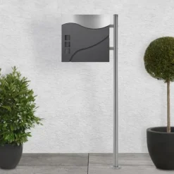 Best Fritstående brevkasse med avisrum 37 cm antracit/sølv inkl. stander 120 cm høj sølv Fritstående brevkasse Postkasser & Brevindkast
