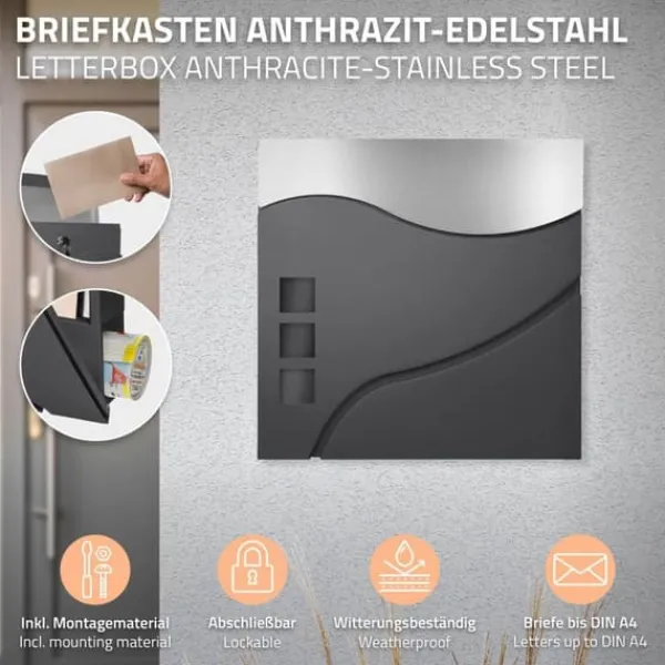 Best Fritstående brevkasse med avisrum 37 cm antracit/sølv inkl. stander 120 cm høj sølv Fritstående brevkasse Postkasser & Brevindkast